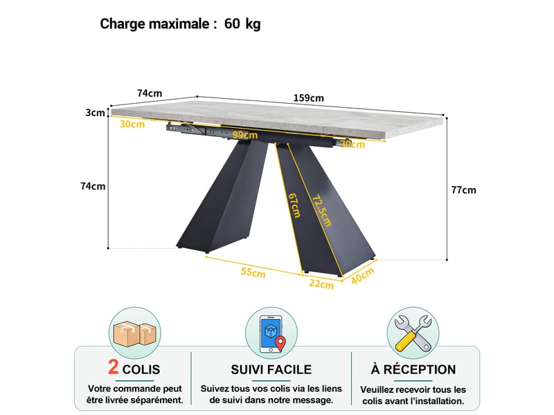  Table extensible avec plateau large coulissant et pieds en métal, pour salle à manger, mdf effet marbre noir et gris  - Conforama D