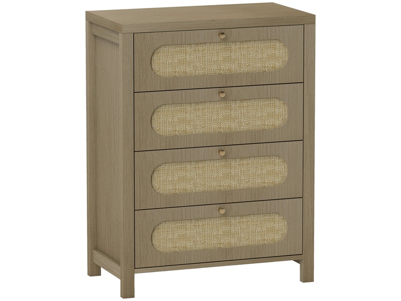  Commode 4 tiroirs meuble de rangement style bohémienne avec portes résine tressée, effet bois naturel, 70 x 38 x 93 cm  - Conforama B