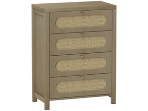 Commode 4 tiroirs meuble de rangement style bohémienne avec portes résine tressée, effet bois naturel, 70 x 38 x 93 cm