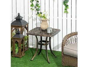 Table basse de jardin avec trou de parasol et pieds réglables, style vintage, en aluminium bronze, 54 × 54 × 52,5 cm