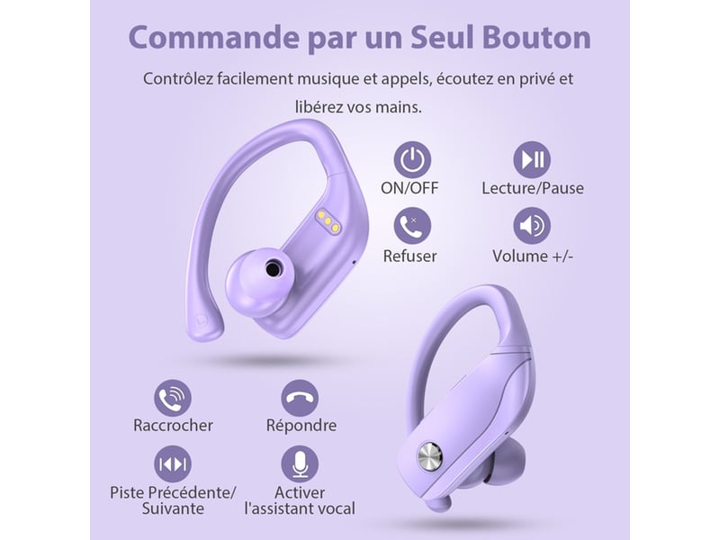 Ecouteurs sans fil sport bluetooth 5.1 violet intra-auriculaires avec micro et boîtier de charge - Conforama C