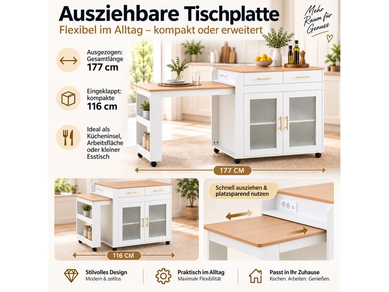  Îlot de cuisine 177x60x89,5 cm extensible avec rangement et prises, blanc  - Conforama E
