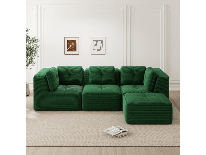 Canapé d’angle gauche vert velours côtelé – ottoman inclus, assise profonde, sans montage - Conforama B