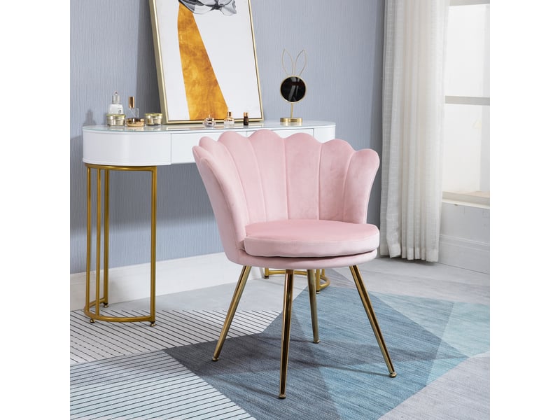  Fauteuil coquillage chaise coiffeuse fauteuil en velours avec pieds en métal doré rose poudré  - Conforama C