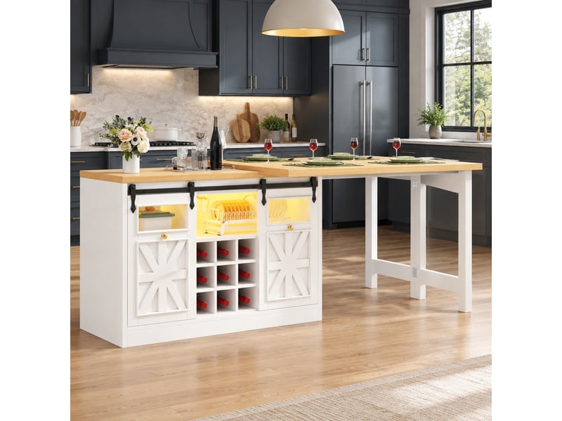  Desserte de cuisine avec table extensible pivotante, vitrine led et rangement, pour cuisine et salle à manger, blanc  - Conforama B