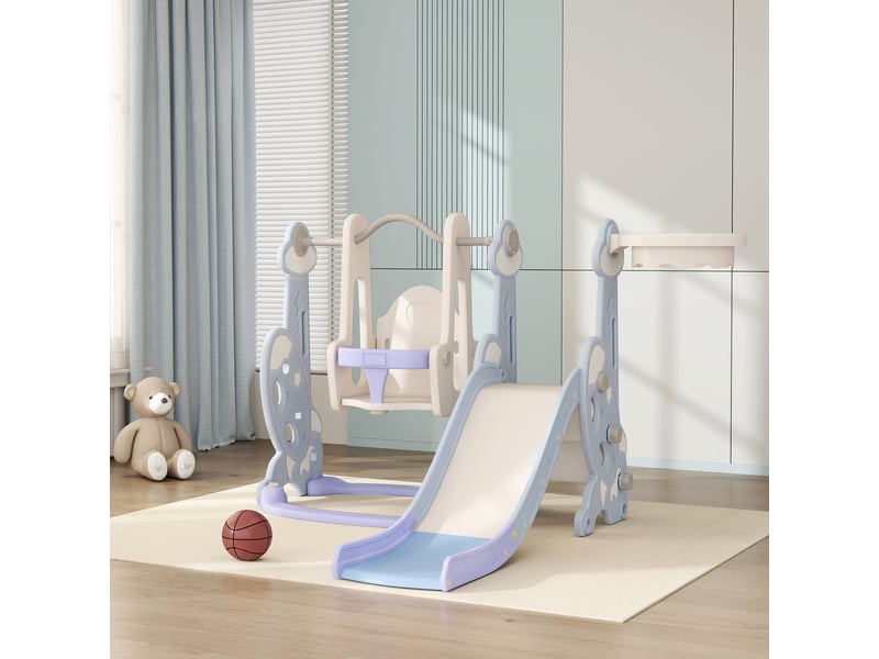  Toboggan et balançoire pour enfants 4 en 1 avec panier de basket et échelle, 147,5 x 160 x 107 cm, bleu clair  - Conforama B