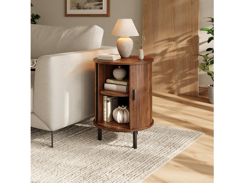  Table d'appoint tcqpz ronde 48 x 48 x 65 cm avec porte coulissante rangement noyer  - Conforama D