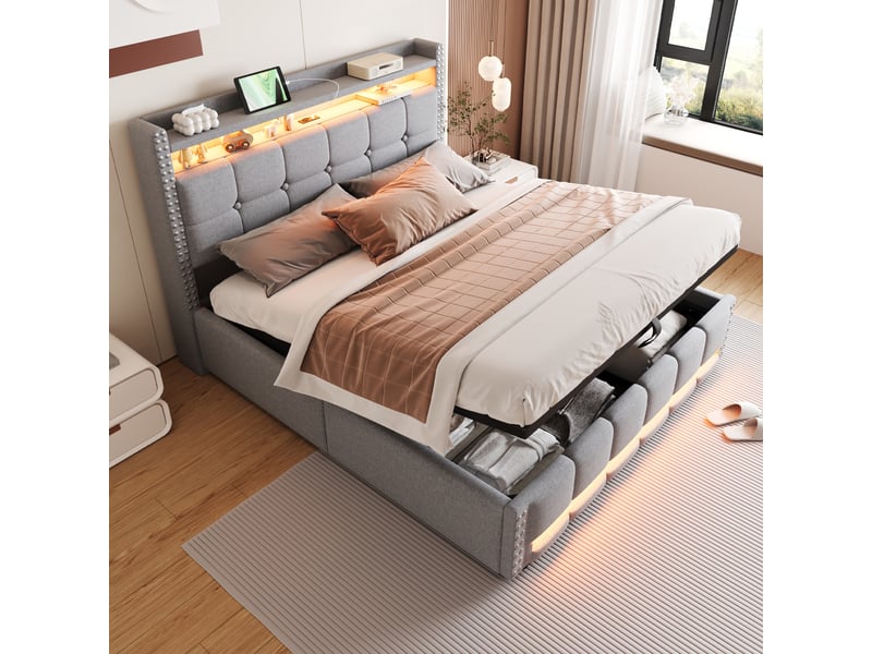  Lit coffre 160x200 cm gris clair en lin, tête de lit de rangement, led, ports usb et mécanisme hydraulique  - Conforama D