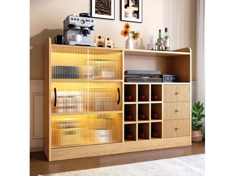  Buffet de rangement 120 cm avec casier à vin, led et portes coulissantes en verre  - Conforama D