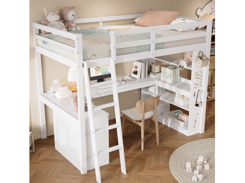 Lit mezzanine enfant 90 x 200 cm blanc en pin, bureau, étagères et échelle inclinée à 4 marches, 120 kg - Conforama B