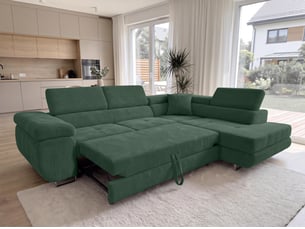 Canapé d'angle droit convertible <strong>AX LIVING </strong> <strong>Konak</strong> 4 places Velours côtelé vert avec coffre de rangement