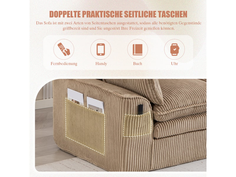  Canapé 2 places en velours côtelé kaki avec poches latérales et coussins pour salon et bureau  - Conforama R