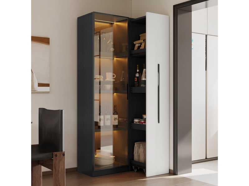  Vitrine led 70 × 40 × 160 cm, buffet avec 1 porte en verre trempé, 1 tiroir latéral, étagères modulables, mdf, noir et blanc, format haut et compact CARDUME ESTIVAL - Conforama B
