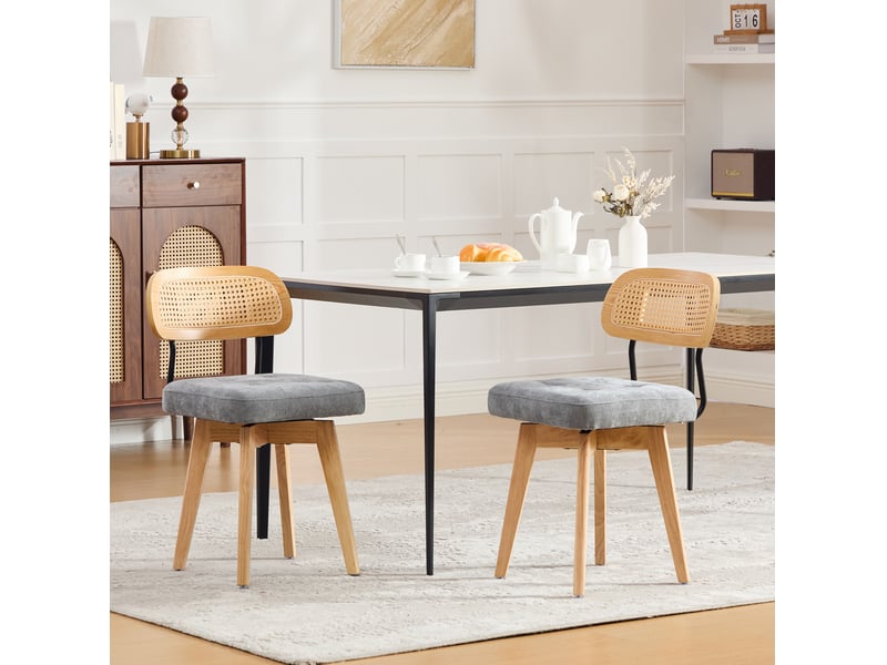Chaise de salle à manger lot de 2 pivotante à 360° avec dossier en rotin tressé et assise en chenille gris - Conforama C