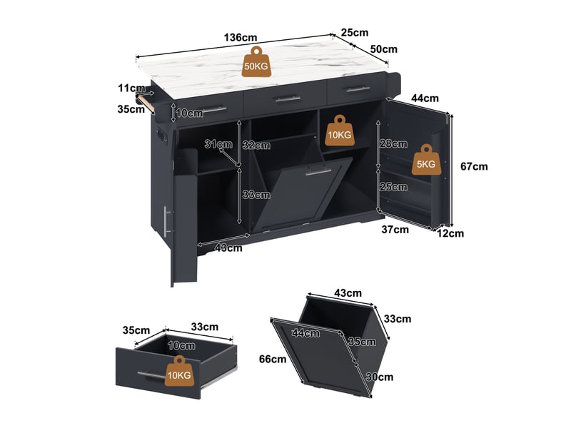 Desserte cuisine à roulettes, plateau rabattable, 3 tiroirs, 2 rangements de porte, prise électrique 136 × 75 × 92 cm - Conforama C