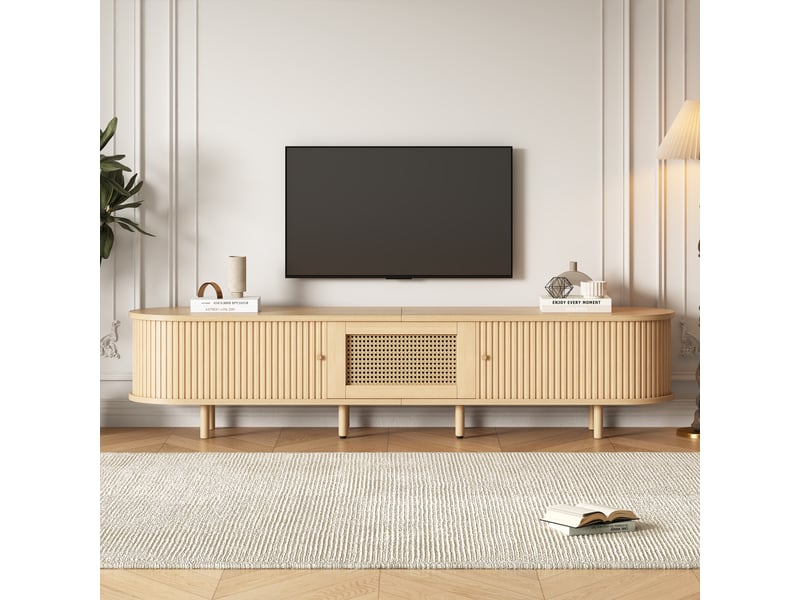 Meuble tv bas 180x40x40 cm en mdf, design arrondi avec porte coulissante rainurée et cannage rotin, tiroir, rangement salon tv 75 pouces - bois naturel - Conforama B