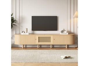 Meuble tv bas 180x40x40 cm en mdf, design arrondi avec porte coulissante rainurée et cannage rotin, tiroir, rangement salon tv 75 pouces - bois naturel