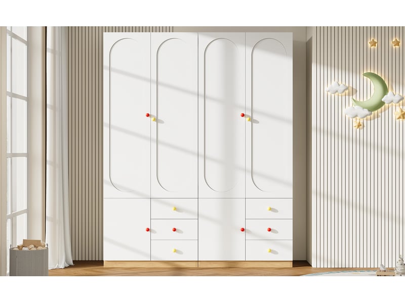  Lot de 2 armoires de rangement à 2 portes et 3 tiroirs avec tringle pour chambre d'enfant en mdf blanc 80×50×200 cm  - Conforama E