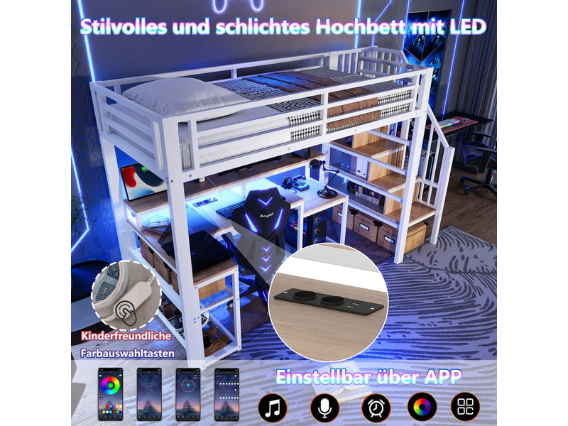  Lit mezzanine 90 x 200 cm sans matelas, structure métal, bureau, led, usb, escalier avec rangement, blanc  - Conforama D