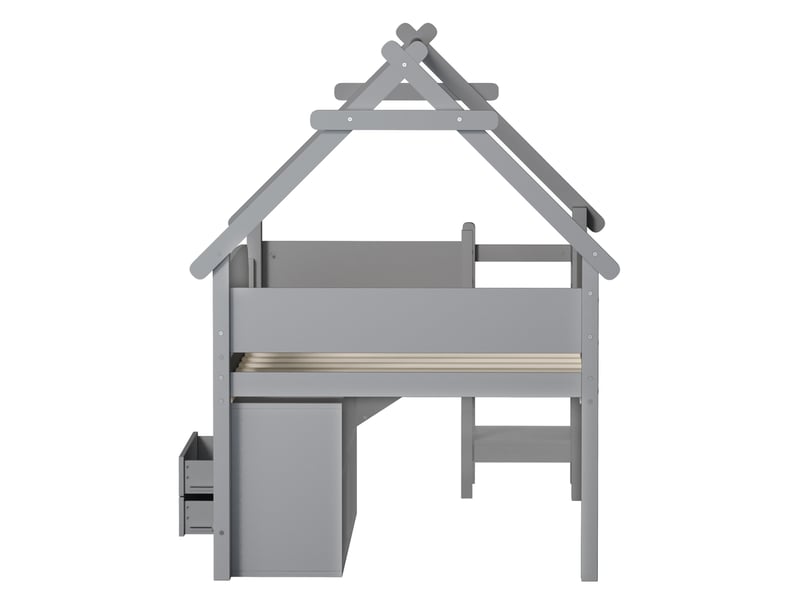 Lit enfant moderne 90 x 200 lit simple avec toit toboggan intégré rangements espace jeu sécurité bois gris sans matelas  - Conforama R