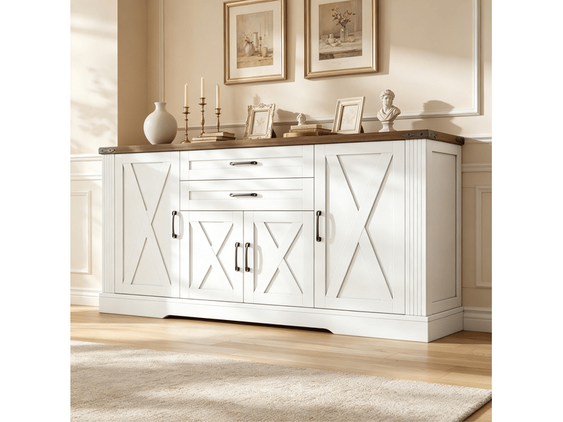  Buffet de cuisine 160x39x81,5 cm, 4 portes, 2 tiroirs, poignées métal, mdf et panneau de particules, blanc, rangement  - Conforama D