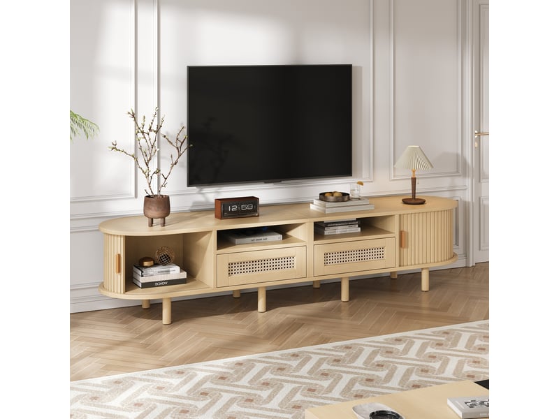  Meuble tv 170 cm ovale en mdf effet bois clair, rangement, portes coulissantes et tiroirs en cannage, jusqu'à 70 pouces  - Conforama E