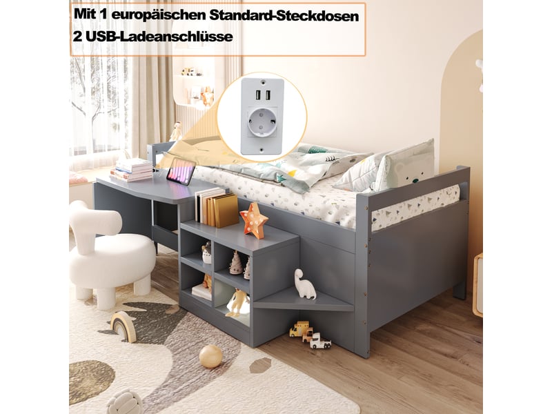  Lit enfant avec bureau et rangements, bois gris, 90x200 cm, prises européennes intégrées  - Conforama B