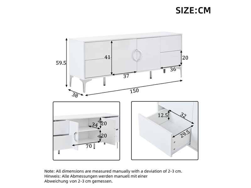  Buffet blanc brillant 150 cm en mdf, 4 tiroirs sans poignées, 2 portes et pieds en métal, meuble bas pour salon et salle à manger  - Conforama C