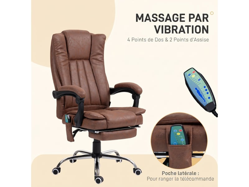  Fauteuil de bureau massant et chauffant avec hauteur réglable, dossier inclinable, marron, repose-pied et télécommande  - Conforama A