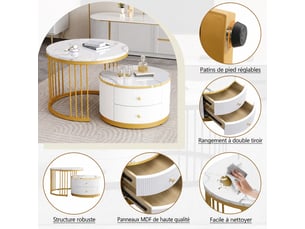 Lot de 2 tables basses gigognes rondes 60 et 50 cm, 2 tiroirs, effet marbre brillant, salon, blanc