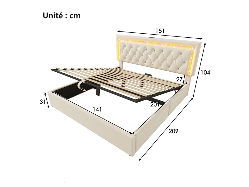  Lit coffre 140x200 cm - lit double avec tête de lit led et usb type-c, rangement hydraulique, velours beige, sans matelas  - Conforama C