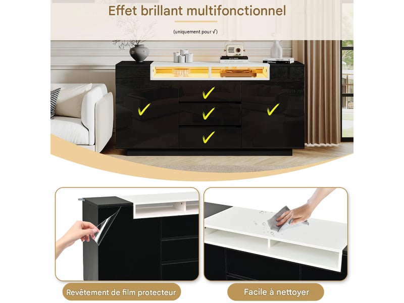  Buffet 2 portes 3 tiroirs avec led en panneau de particules noir 140x40x68 cm N625P333718719S - Conforama D