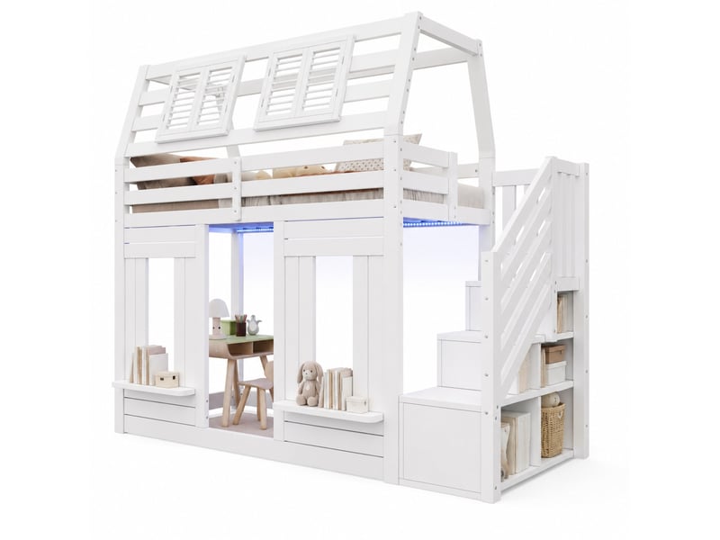 Lit mezzanine enfant 90x200 cm avec led et escalier de rangement, blanc - Conforama A