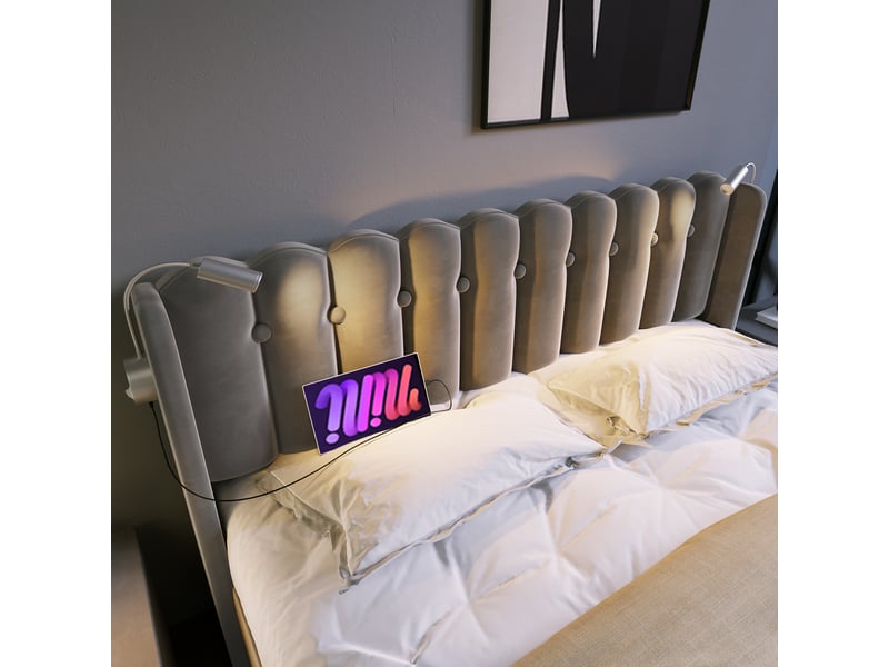  Lit 2 personnes 140x200cm avec sommier à lattes, lit double led avec tête de lit en velours, structure de lit avec matelas, gris  - Conforama C