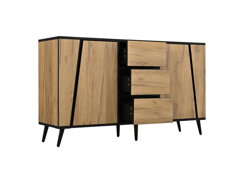  Buffet 120x40x70 cm bois naturel et noir, 2 portes, 3 tiroirs et rangements  - Conforama E