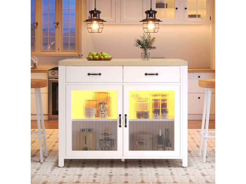  Îlot de cuisine 100x80x90cm avec bande led, plan de travail effet bois, table haute, pieds réglables, blanc evarich - Conforama E