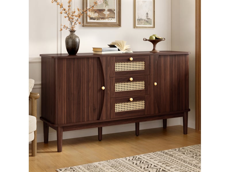  Buffet bas 141 cm à portes coulissantes et 3 tiroirs rotin homvra  - Conforama D