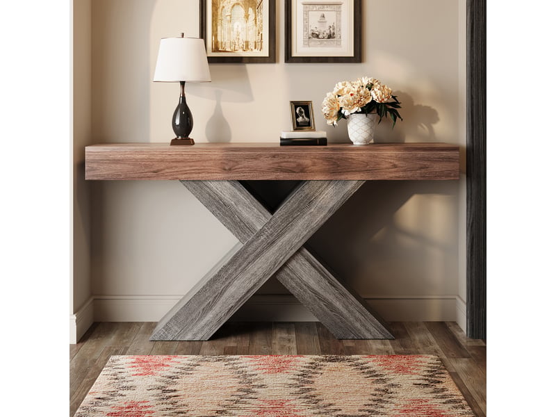  Table console noyer 140 cm avec pieds en x robustes, console étroite pour entrée et salon, style industriel  - Conforama C