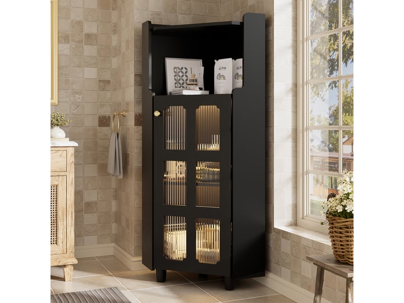  Armoire d'angle 63,5x45x124cm gain de place, led éclairage pilotable, pour salon, bibliothèque, salle de bain mdf noir  - Conforama R