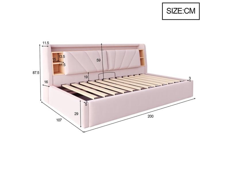 Lit simple 90x200 cm avec rangement hydraulique, tête de lit led avec usb et étagères, lit rembourré en velours avec coffre de rangement - rose - Conforama C