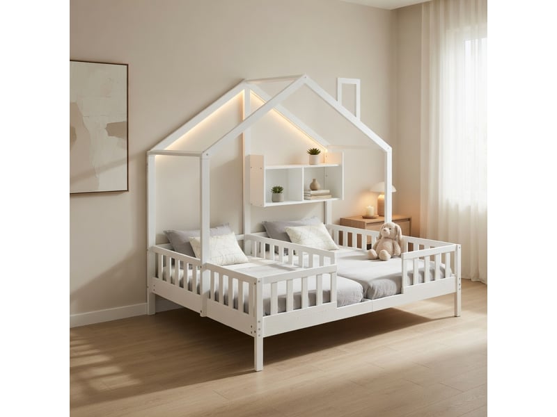  Gutenacht lit cabane bois 90x200cm, fenêtres, led, garde-corps, blanc  - Conforama C