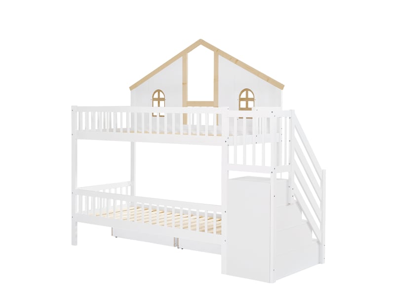  Lit étagé 90x200cm en bois massif et mdf blanc naturel, fenêtres, tiroirs à roulettes et escalier  - Conforama A
