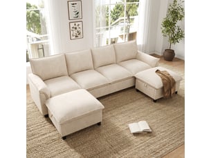 Canapé d'angle panoramique fixe  OMNIGLINT TRADING LTD 4 places Tissu beige avec coffre de rangement