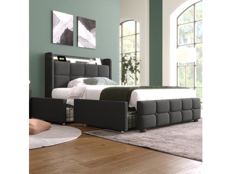 Modenvie lit simple 90x200 cm - led, prises et usb, 2 tiroirs, avec matelas - gris - Conforama D