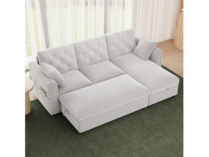  Canapé 3 places beige avec méridienne réversible et pouf de rangement 219x131x86 cm  - Conforama E