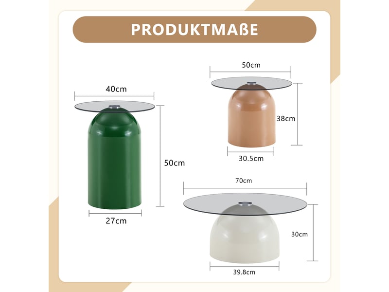  Lot de 3 tables basses 3 couleurs en verre trempé et acier carboné, piétement demi-sphère  - Conforama D