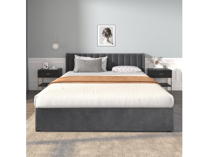  Lit double 180 x 200 cm en velours gris avec sommier, tête de lit et 2 tiroirs  - Conforama D