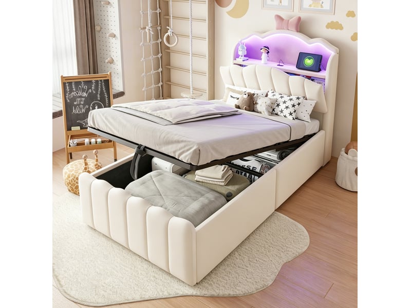  Lit coffre 90x200 cm, rangement hydraulique et tête de lit led avec ports usb et type-c, en velours, beige  - Conforama B