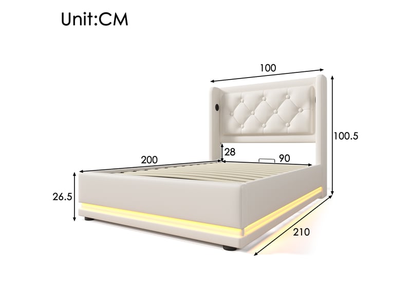  Modenvie lit coffre 90x200 cm - led 3 faces, usb-c et rangement hydraulique - matelas inclus - blanc  - Conforama C