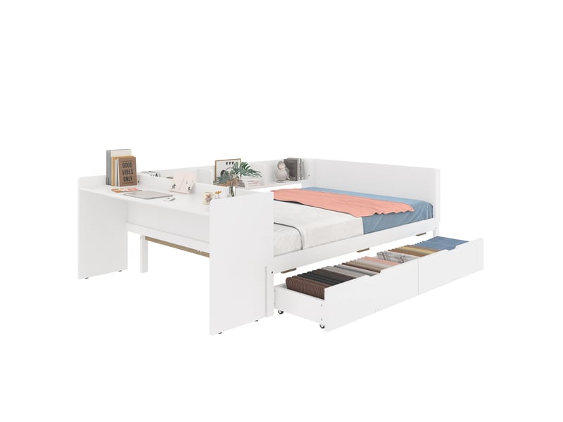  Lit double 140x200 cm avec bureau, 2 tiroirs et 3 rangements, pin et panneaux de particules, blanc  - Conforama A